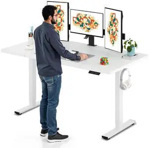 Electric Standing Desk, 63 x 32'' Height Adjustable Sit Stand Desk with Large Splice Board Desktop Ergonomic Memory Presets Computer Workstations for Home Office, White Frame/White Top Electric Standing Desk, 63 x 32'' Height Adjustable Sit Stand Desk with Large Splice Board Desktop Ergonomic Memory Presets Computer Workstations for Home Office, White Frame/White Top