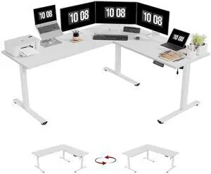 Electric Corner L-Shaped 71 x 63 in Standing Desk, Memory Height Adjustment, White Top White Frame Electric Corner L-Shaped 71 x 63 in Standing Desk, Memory Height Adjustment, White Top White Frame