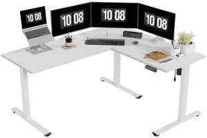 Electric Corner L-Shaped 63 x 55 in Standing Desk, Memory Height Adjustment, White Top White Frame Electric Corner L-Shaped 63 x 55 in Standing Desk, Memory Height Adjustment, White Top White Frame