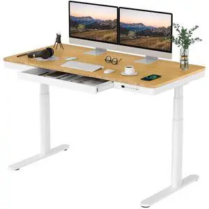 Standing Desk with Drawer,Dual Motor 3 Stage Electric Height Adjustable Home Office Desk with Storage & Wireless Charging, 55 inch Bamboo Tabletop/White Frame Standing Desk with Drawer,Dual Motor 3 Stage Electric Height Adjustable Home Office Desk with Storage & Wireless Charging, 55 inch Bamboo Tabletop/White Frame