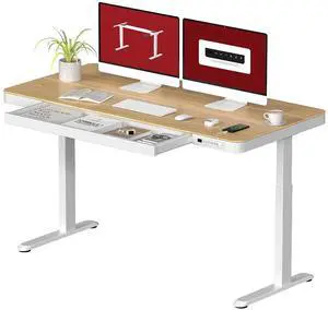 Standing Desk with Drawer, Electric Height Adjustable Home Office Desk with Storage & USB Ports, 55 inch Maple Wood Tabletop/White Frame Standing Desk with Drawer, Electric Height Adjustable Home Office Desk with Storage & USB Ports, 55 inch Maple Wood Tabletop/White Frame