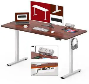 Electric Standing Desk 55"x 28" with Clamp Power Strip - Height Adjustable Whole-Piece Desktop, Cable Management, Sit Stand Home Office - White Frame/Mahogany Top Electric Standing Desk 55"x 28" with Clamp Power Strip - Height Adjustable Whole-Piece Desktop, Cable Management, Sit Stand Home Office - White Frame/Mahogany Top