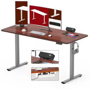 Electric Standing Desk with Clamp Power Strip 60"x 24" Whole-Piece Desktop Height Adjustable Stand Up Desk with Cable Management Home Office Desk Silver Frame/Mahogany Top Electric Standing Desk with Clamp Power Strip 60"x 24" Whole-Piece Desktop Height Adjustable Stand Up Desk with Cable Management Home Office Desk Silver Frame/Mahogany Top