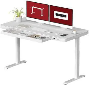 Standing Desk with Drawer, Electric Height Adjustable Home Office Desk with Storage & USB Ports, 55 inch White Wood Tabletop/White Frame Standing Desk with Drawer, Electric Height Adjustable Home Office Desk with Storage & USB Ports, 55 inch White Wood Tabletop/White Frame