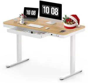 Standing Desk with Drawer, Electric Height Adjustable Home Office Desk with Storage & USB Ports, 48 inch Maple Wood Tabletop/White Frame Standing Desk with Drawer, Electric Height Adjustable Home Office Desk with Storage & USB Ports, 48 inch Maple Wood Tabletop/White Frame
