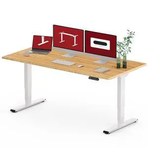 Standing Desk with Dual Motor, 3-Stage Lifting Column, Handset with 3 Preset and Sit-Stand Reminder - 60 inch Whole Piece Real Bamboo Desk/White Frame, Height Adjustable Desk for Home and Office Standing Desk with Dual Motor, 3-Stage Lifting Column, Handset with 3 Preset and Sit-Stand Reminder - 60 inch Whole Piece Real Bamboo Desk/White Frame, Height Adjustable Desk for Home and Office