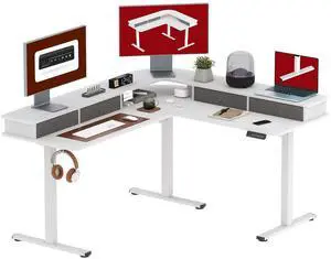 63" L Shaped Standing Desk with 3 Drawers, Height Adjustable Stand up Desk, Corner Gaming Desk with Monitor Stand, White Frame/White Top 63" L Shaped Standing Desk with 3 Drawers, Height Adjustable Stand up Desk, Corner Gaming Desk with Monitor Stand, White Frame/White Top