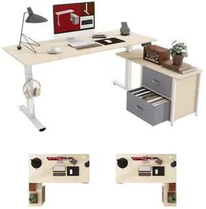 63'' L Shaped Standing Desk with 2-Drawer File Cabinet, Electric Height Adjustable Stand up Desk w/USB Charge Ports, Home Office Modern Wood Computer Desk with Shelves,White Frame/Maple Top 63'' L Shaped Standing Desk with 2-Drawer File Cabinet, Electric Height Adjustable Stand up Desk w/USB Charge Ports, Home Office Modern Wood Computer Desk with Shelves,White Frame/Maple Top