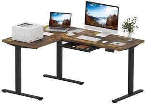 L Shaped Electric Standing Desk with Drawer, 63 Inch Ergonomic Adjustable Height Desk with Storage, Corner Desk Sit Stand up Computer Table for Work Office Home, Rustic Brown L Shaped Electric Standing Desk with Drawer, 63 Inch Ergonomic Adjustable Height Desk with Storage, Corner Desk Sit Stand up Computer Table for Work Office Home, Rustic Brown