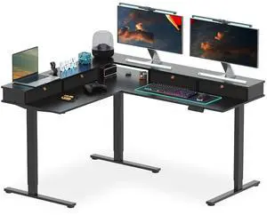 63" L Shaped Standing Desk with 3 Drawers, Height Adjustable Stand up Desk, Corner Gaming Desk with Monitor Stand, Black Frame/Black Top 63" L Shaped Standing Desk with 3 Drawers, Height Adjustable Stand up Desk, Corner Gaming Desk with Monitor Stand, Black Frame/Black Top