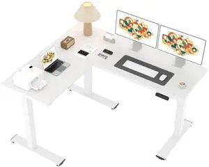 L Shaped Standing Desk Adjustable Height, Electric Corner Standing Desk, 63 x 55 inch Sit Stand Computer Table with Splice Board, White L Shaped Standing Desk Adjustable Height, Electric Corner Standing Desk, 63 x 55 inch Sit Stand Computer Table with Splice Board, White