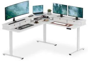 71" L Shaped Standing Desk with 4 Drawers, Height Adjustable Stand up Desk, Corner Gaming Desk with Monitor Stand, White Frame/White Top 71" L Shaped Standing Desk with 4 Drawers, Height Adjustable Stand up Desk, Corner Gaming Desk with Monitor Stand, White Frame/White Top