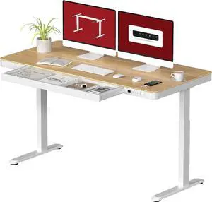 Standing Desk with Drawer, Electric Height Adjustable Home Office Desk with Storage & USB Ports, 55 inch Maple Wood Tabletop/White Frame Standing Desk with Drawer, Electric Height Adjustable Home Office Desk with Storage & USB Ports, 55 inch Maple Wood Tabletop/White Frame