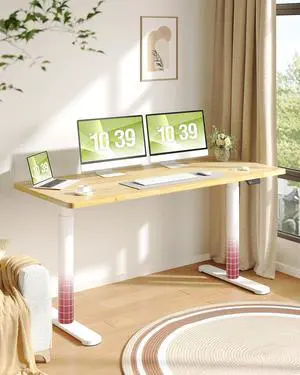 Solid Wood Standing Desk with Rounded-Column & One-Piece Desktop - 63"x24" Electric Adjustable Desk for Home Office, Memory Height Control, White Frame Solid Wood Standing Desk with Rounded-Column & One-Piece Desktop - 63"x24" Electric Adjustable Desk for Home Office, Memory Height Control, White Frame