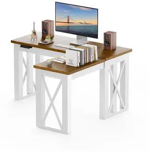 L-Shaped Executive Electric Standing Desk, 55"x48" Wood Farmhouse Home Office Height Adjustable Corner Desk with Drawer (Cherrywood Top + White Frame, 3 Packages) L-Shaped Executive Electric Standing Desk, 55"x48" Wood Farmhouse Home Office Height Adjustable Corner Desk with Drawer (Cherrywood Top + White Frame, 3 Packages)