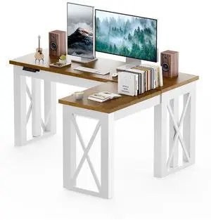 L-Shaped Executive Electric Standing Desk, 62"x48" Wood Farmhouse Home Office Height Adjustable Corner Desk with Drawer (Cherrywood Top + White Frame, 3 Packages) L-Shaped Executive Electric Standing Desk, 62"x48" Wood Farmhouse Home Office Height Adjustable Corner Desk with Drawer (Cherrywood Top + White Frame, 3 Packages)