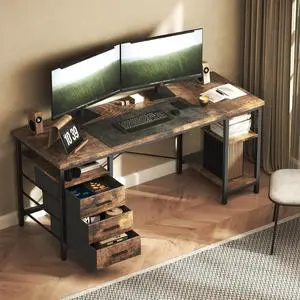 63" Computer Desk, Home Office Desk with 3 Drawers and Storage Shelves, PC Table Large Desk for Bedroom, Brown 63" Computer Desk, Home Office Desk with 3 Drawers and Storage Shelves, PC Table Large Desk for Bedroom, Brown
