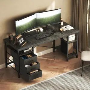 47" Computer Desk, Home Office Desk with 3 Reversible Storage Shelves and Drawers, Small PC Table for Bedroom, Black PC Desk 47" Computer Desk, Home Office Desk with 3 Reversible Storage Shelves and Drawers, Small PC Table for Bedroom, Black PC Desk