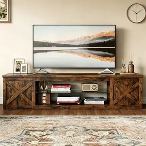 Farmhouse TV Stand for TVs Up to 80" with LED Light Entertainment Center, Open Storage TV Cabinet for Living Room, Brown Farmhouse TV Stand for TVs Up to 80" with LED Light Entertainment Center, Open Storage TV Cabinet for Living Room, Brown