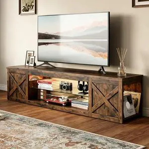Farmhouse TV Stand for TVs Up to 65" with LED Light Entertainment Center, Open Storage TV Cabinet for Living Room, Brown Farmhouse TV Stand for TVs Up to 65" with LED Light Entertainment Center, Open Storage TV Cabinet for Living Room, Brown