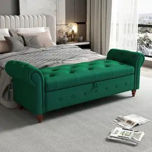 63" Tufted Storage Bench for Bedroom End of Bed,Velvet Upholstered Storage Ottoman Bench for Bedroom,Rolled Arm Window Bench Seat with Solid Wood Legs(Green) 63" Tufted Storage Bench for Bedroom End of Bed,Velvet Upholstered Storage Ottoman Bench for Bedroom,Rolled Arm Window Bench Seat with Solid Wood Legs(Green)