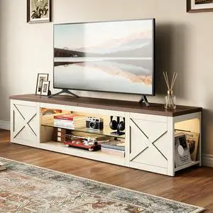 Farmhouse TV Stand for TVs Up to 80" with LED Light Entertainment Center, Open Storage TV Cabinet for Living Room, White Farmhouse TV Stand for TVs Up to 80" with LED Light Entertainment Center, Open Storage TV Cabinet for Living Room, White