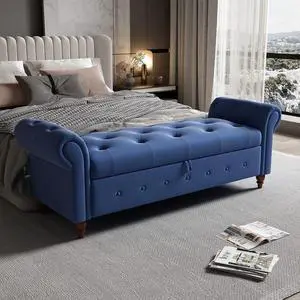 63" Tufted Storage Bench for Bedroom End of Bed,Upholstered Storage Ottoman Bench for Bedroom,Rolled Arm Window Bench Seatwith with Solid Wood Legs(Blue) 63" Tufted Storage Bench for Bedroom End of Bed,Upholstered Storage Ottoman Bench for Bedroom,Rolled Arm Window Bench Seatwith with Solid Wood Legs(Blue)