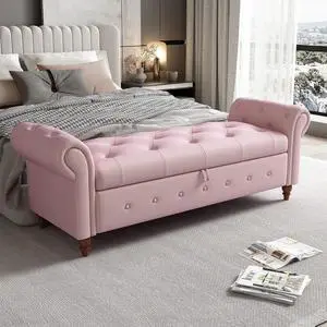 63" Tufted Storage Bench for Bedroom End of Bed,Velvet Upholstered Storage Ottoman Bench for Bedroom,Rolled Arm Window Bench Seat with Solid Wood Legs(Pink) 63" Tufted Storage Bench for Bedroom End of Bed,Velvet Upholstered Storage Ottoman Bench for Bedroom,Rolled Arm Window Bench Seat with Solid Wood Legs(Pink)