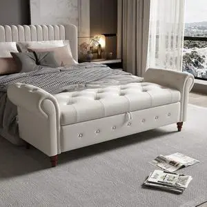 63" Tufted Storage Bench for Bedroom End of Bed,Upholstered Storage Ottoman Bench for Bedroom,Rolled Arm Window Bench Seatwith with Solid Wood Legs(Beige) 63" Tufted Storage Bench for Bedroom End of Bed,Upholstered Storage Ottoman Bench for Bedroom,Rolled Arm Window Bench Seatwith with Solid Wood Legs(Beige)