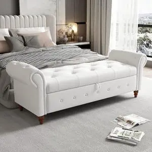 63'' Tufted Storage Bench for Bedroom End of Bed,Upholstered Storage Ottoman Bench for Bedroom,Rolled Arm Window Bench Seat with Solid Wood Legs(Linen Fabric-White), L63''x W22'' x H24.4'' 63'' Tufted Storage Bench for Bedroom End of Bed,Upholstered Storage Ottoman Bench for Bedroom,Rolled Arm Window Bench Seat with Solid Wood Legs(Linen Fabric-White), L63''x W22'' x H24.4''