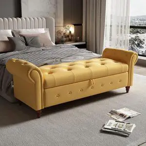 63" Tufted Storage Bench for Bedroom End of Bed,Upholstered Storage Ottoman Bench for Bedroom,Rolled Arm Window Bench Seatwith with Solid Wood Legs(Yellow) 63" Tufted Storage Bench for Bedroom End of Bed,Upholstered Storage Ottoman Bench for Bedroom,Rolled Arm Window Bench Seatwith with Solid Wood Legs(Yellow)
