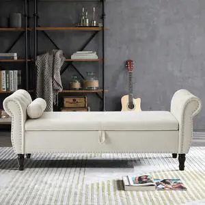Storage Bench for Bedroom End of Bed, 63" Long Velvet Tufted Upholstered Storage Ottoman Bench for Bedroom, Rolled Arm Nailhead Trim with Pillow(Beige) Storage Bench for Bedroom End of Bed, 63" Long Velvet Tufted Upholstered Storage Ottoman Bench for Bedroom, Rolled Arm Nailhead Trim with Pillow(Beige)