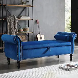 Storage Bench for Bedroom End of Bed, 63" Long Velvet Tufted Upholstered Storage Ottoman Bench for Bedroom, Rolled Arm Nailhead Trim with Pillow(Blue) Storage Bench for Bedroom End of Bed, 63" Long Velvet Tufted Upholstered Storage Ottoman Bench for Bedroom, Rolled Arm Nailhead Trim with Pillow(Blue)