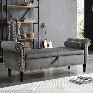 Storage Bench for Bedroom End of Bed, 63" Long Velvet Tufted Upholstered Storage Ottoman Bench for Bedroom, Rolled Arm Nailhead Trim with Pillow(Grey) Storage Bench for Bedroom End of Bed, 63" Long Velvet Tufted Upholstered Storage Ottoman Bench for Bedroom, Rolled Arm Nailhead Trim with Pillow(Grey)