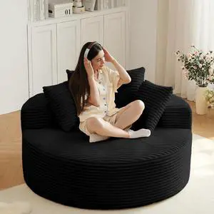 55'' Oversized Round Lounge Chair Indoor, Corduroy Upholstered Large Lounge Chaise, Cloud Soft Circle Sofa Bed for Reading,Living Room,Bedroom,No Assembly Required,Black 55'' Oversized Round Lounge Chair Indoor, Corduroy Upholstered Large Lounge Chaise, Cloud Soft Circle Sofa Bed for Reading,Living Room,Bedroom,No Assembly Required,Black