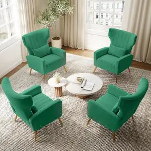 Green Velvet Accent Chair Set of 4, Wingback Chair for Living Room, High Back Arm Chair with Golden Legs Lumbar Pillow, Upholstered Single Sofa Bedroom Green Velvet Accent Chair Set of 4, Wingback Chair for Living Room, High Back Arm Chair with Golden Legs Lumbar Pillow, Upholstered Single Sofa Bedroom