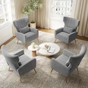 Gary Velvet Accent Chair Set of 4, Wingback Chair for Living Room, High Back Arm Chair with Golden Legs Lumbar Pillow, Upholstered Single Sofa Bedroom Gary Velvet Accent Chair Set of 4, Wingback Chair for Living Room, High Back Arm Chair with Golden Legs Lumbar Pillow, Upholstered Single Sofa Bedroom