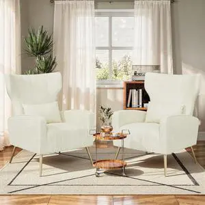 Beige Velvet Accent Chair Set of 2, Wingback Chair for Living Room, High Back Arm Chair with Golden Legs Lumbar Pillow, Upholstered Single Sofa Bedroom Beige Velvet Accent Chair Set of 2, Wingback Chair for Living Room, High Back Arm Chair with Golden Legs Lumbar Pillow, Upholstered Single Sofa Bedroom