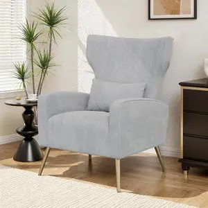 Velvet Accent Chair Wingback for Living Room, High Back Arm Chair with Golden Legs Lumbar Pillow, Upholstered Single Sofa Bedroom Light Gary Velvet Accent Chair Wingback for Living Room, High Back Arm Chair with Golden Legs Lumbar Pillow, Upholstered Single Sofa Bedroom Light Gary