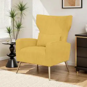 Velvet Accent Chair Wingback for Living Room, High Back Arm Chair with Golden Legs Lumbar Pillow, Upholstered Single Sofa Bedroom Yellow Velvet Accent Chair Wingback for Living Room, High Back Arm Chair with Golden Legs Lumbar Pillow, Upholstered Single Sofa Bedroom Yellow