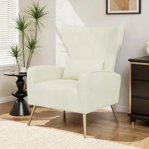 Velvet Accent Chair Wingback for Living Room, High Back Arm Chair with Golden Legs Lumbar Pillow, Upholstered Single Sofa Bedroom Beige Velvet Accent Chair Wingback for Living Room, High Back Arm Chair with Golden Legs Lumbar Pillow, Upholstered Single Sofa Bedroom Beige
