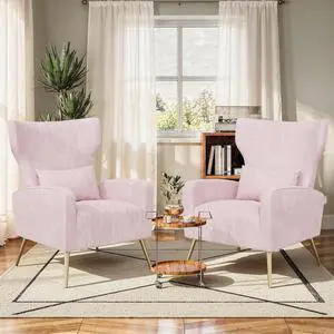 Pink Velvet Accent Chair Set of 2, Wingback Chair for Living Room, High Back Arm Chair with Golden Legs Lumbar Pillow, Upholstered Single Sofa Bedroom Pink Velvet Accent Chair Set of 2, Wingback Chair for Living Room, High Back Arm Chair with Golden Legs Lumbar Pillow, Upholstered Single Sofa Bedroom