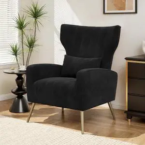 Velvet Accent Chair Wingback for Living Room, High Back Arm Chair with Golden Legs Lumbar Pillow, Upholstered Single Sofa Bedroom Black Velvet Accent Chair Wingback for Living Room, High Back Arm Chair with Golden Legs Lumbar Pillow, Upholstered Single Sofa Bedroom Black