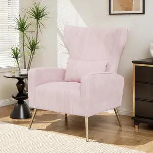 Velvet Accent Chair Wingback for Living Room, High Back Arm Chair with Golden Legs Lumbar Pillow, Upholstered Single Sofa Bedroom Pink Velvet Accent Chair Wingback for Living Room, High Back Arm Chair with Golden Legs Lumbar Pillow, Upholstered Single Sofa Bedroom Pink