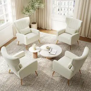 Beige Velvet Accent Chair Set of 4, Wingback Chair for Living Room, High Back Arm Chair with Golden Legs Lumbar Pillow, Upholstered Single Sofa Bedroom Beige Velvet Accent Chair Set of 4, Wingback Chair for Living Room, High Back Arm Chair with Golden Legs Lumbar Pillow, Upholstered Single Sofa Bedroom