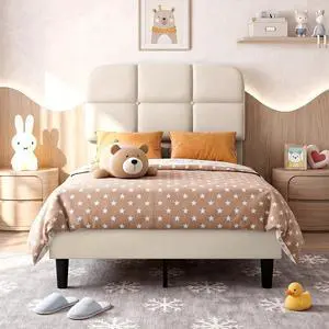 Patbrela Upholstered Bed Frame Twin Size with Adjustable Headboard, Velvet Platform Bed Frame with Wooden Slats Support/No Box Spring Needed, Beige Patbrela Upholstered Bed Frame Twin Size with Adjustable Headboard, Velvet Platform Bed Frame with Wooden Slats Support/No Box Spring Needed, Beige