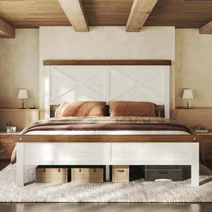 Farmhouse Bed Frame Queen Size with 51" Tall Headboard and Footboard, Platform Bed Frame, No Box Spring Needed, White Farmhouse Bed Frame Queen Size with 51" Tall Headboard and Footboard, Platform Bed Frame, No Box Spring Needed, White