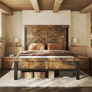 Farmhouse Bed Frame Full Size with 51" Tall Headboard and Footboard, Platform Bed Frame, No Box Spring Needed, Borwn Farmhouse Bed Frame Full Size with 51" Tall Headboard and Footboard, Platform Bed Frame, No Box Spring Needed, Borwn