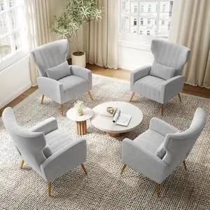 Light Gary Velvet Accent Chair Set of 4, Wingback Chair for Living Room, High Back Arm Chair with Golden Legs Lumbar Pillow, Upholstered Single Sofa Bedroom Light Gary Velvet Accent Chair Set of 4, Wingback Chair for Living Room, High Back Arm Chair with Golden Legs Lumbar Pillow, Upholstered Single Sofa Bedroom