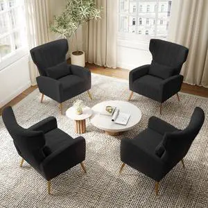 Black Velvet Accent Chair Set of 4, Wingback Chair for Living Room, High Back Arm Chair with Golden Legs Lumbar Pillow, Upholstered Single Sofa Bedroom Black Velvet Accent Chair Set of 4, Wingback Chair for Living Room, High Back Arm Chair with Golden Legs Lumbar Pillow, Upholstered Single Sofa Bedroom